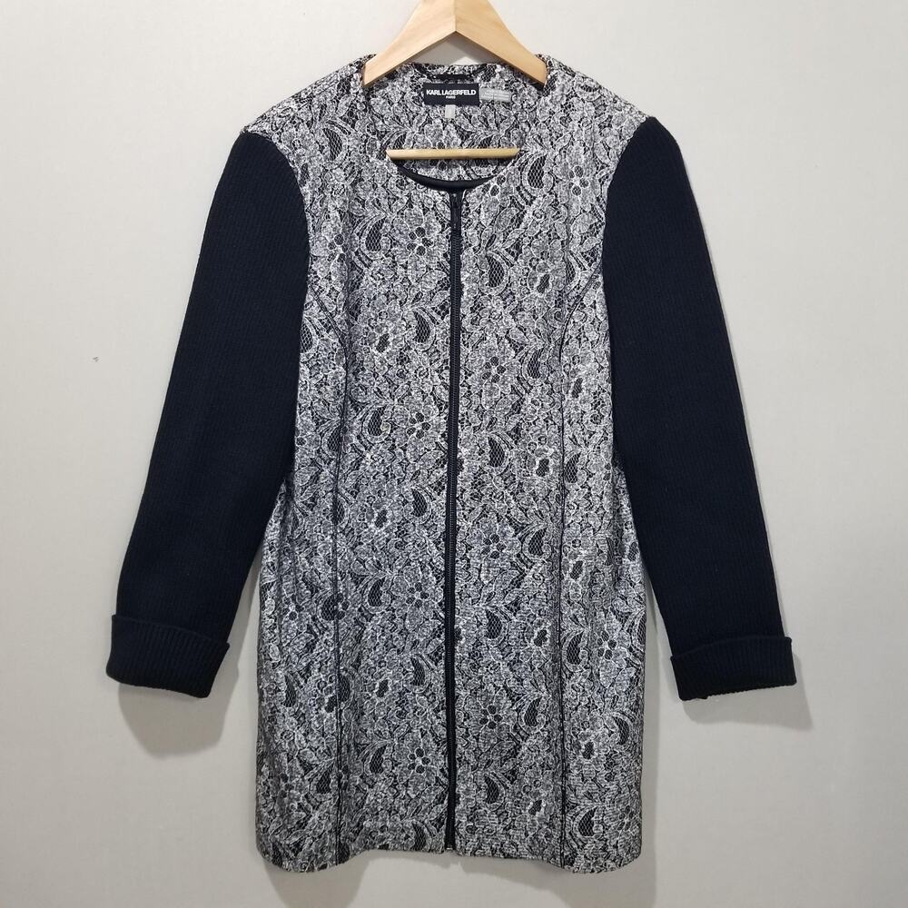 Karl Lagerfeld Paris Jacket Womens Medium Black Gray Lace Zip Coatigan Long